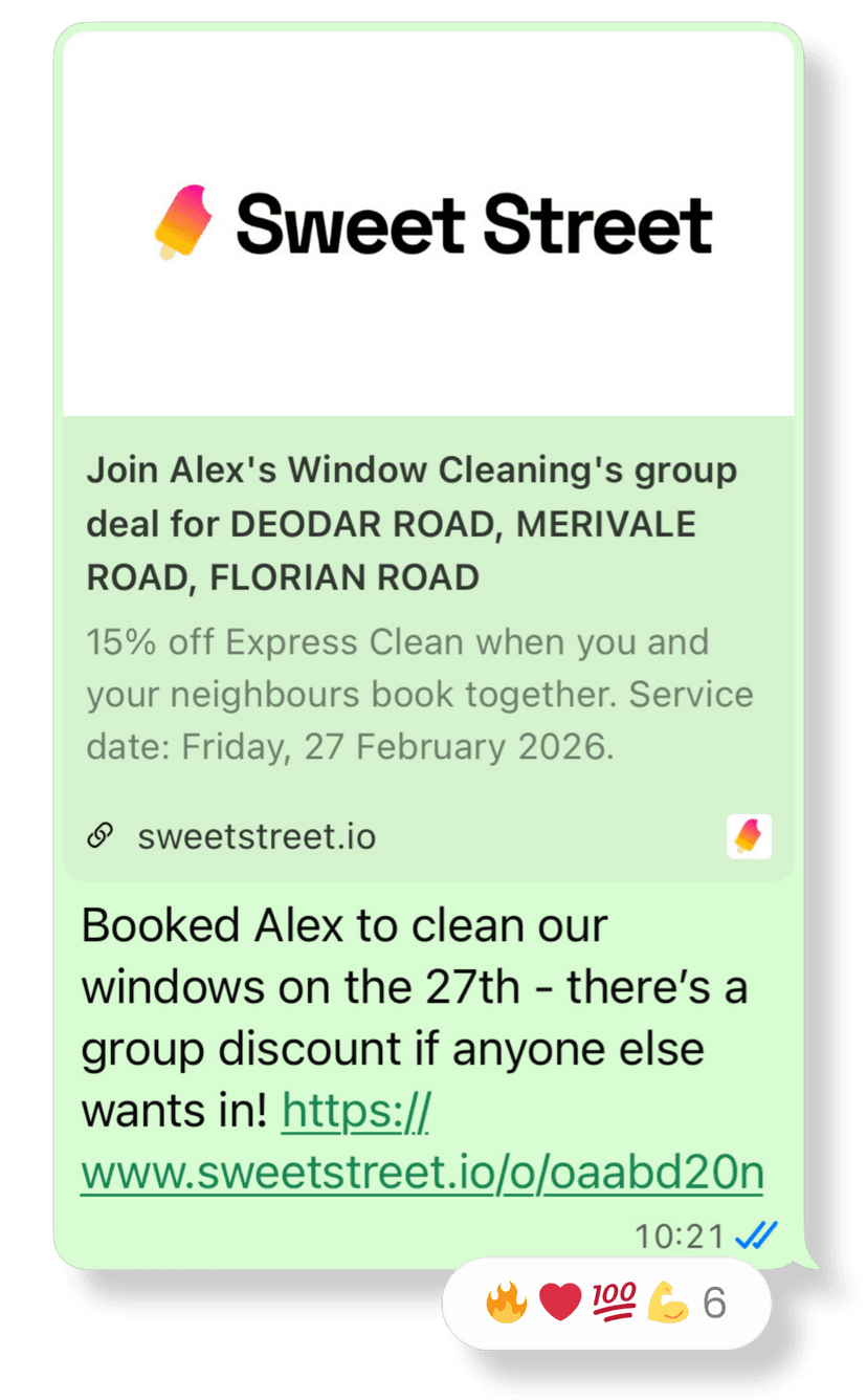 A WhatsApp message sharing a Sweet Street offer link